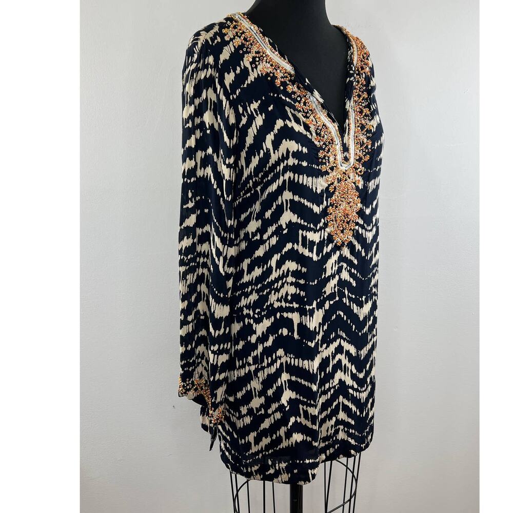 Soft Surroundings Navy Tan Split Embellished V-Ne… - image 2